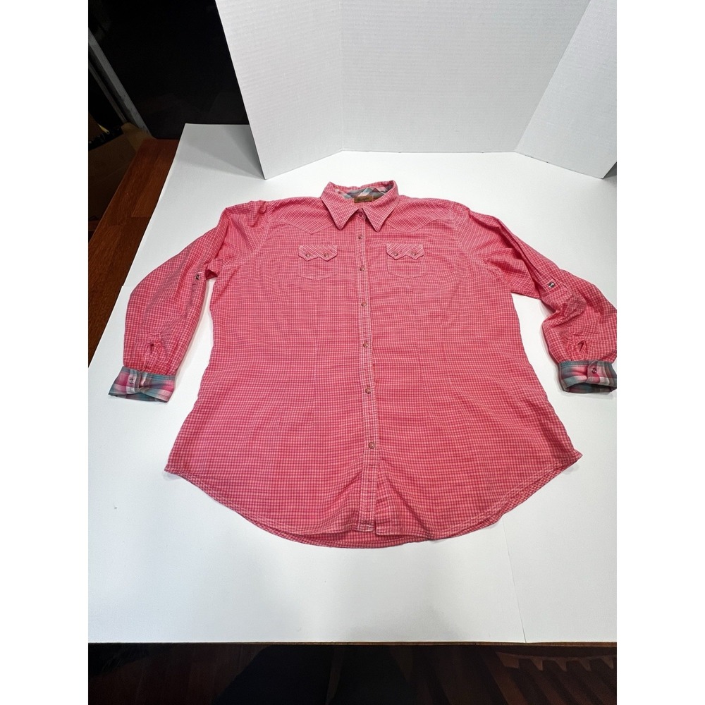 Wrangler Womens XXL Long Sleeve Button Up Pearl Snap Pink Plaid Contrasting Cuff